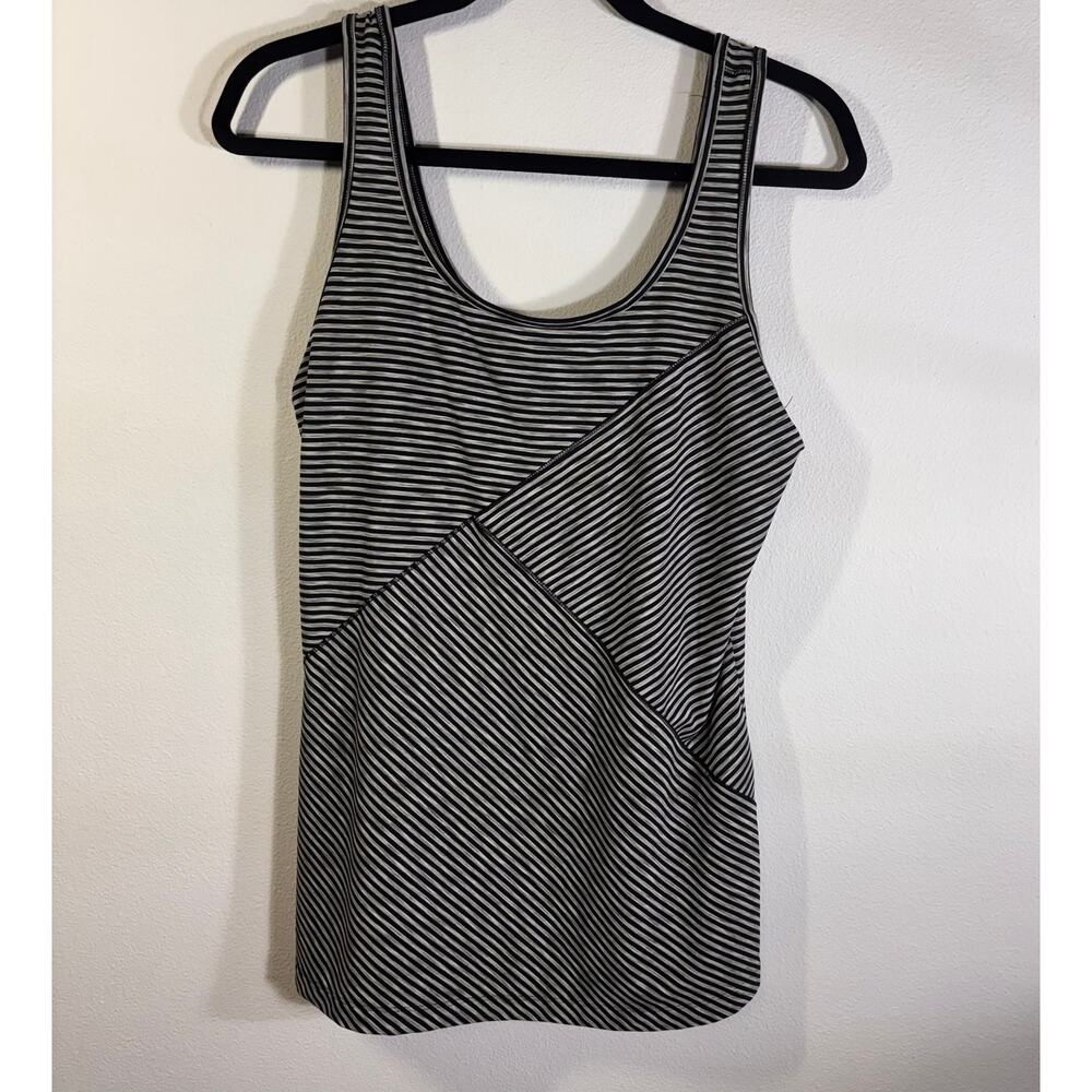Lole Striped Athletic Tank Top XL Black Gray Asymmetrical Stretch Fit